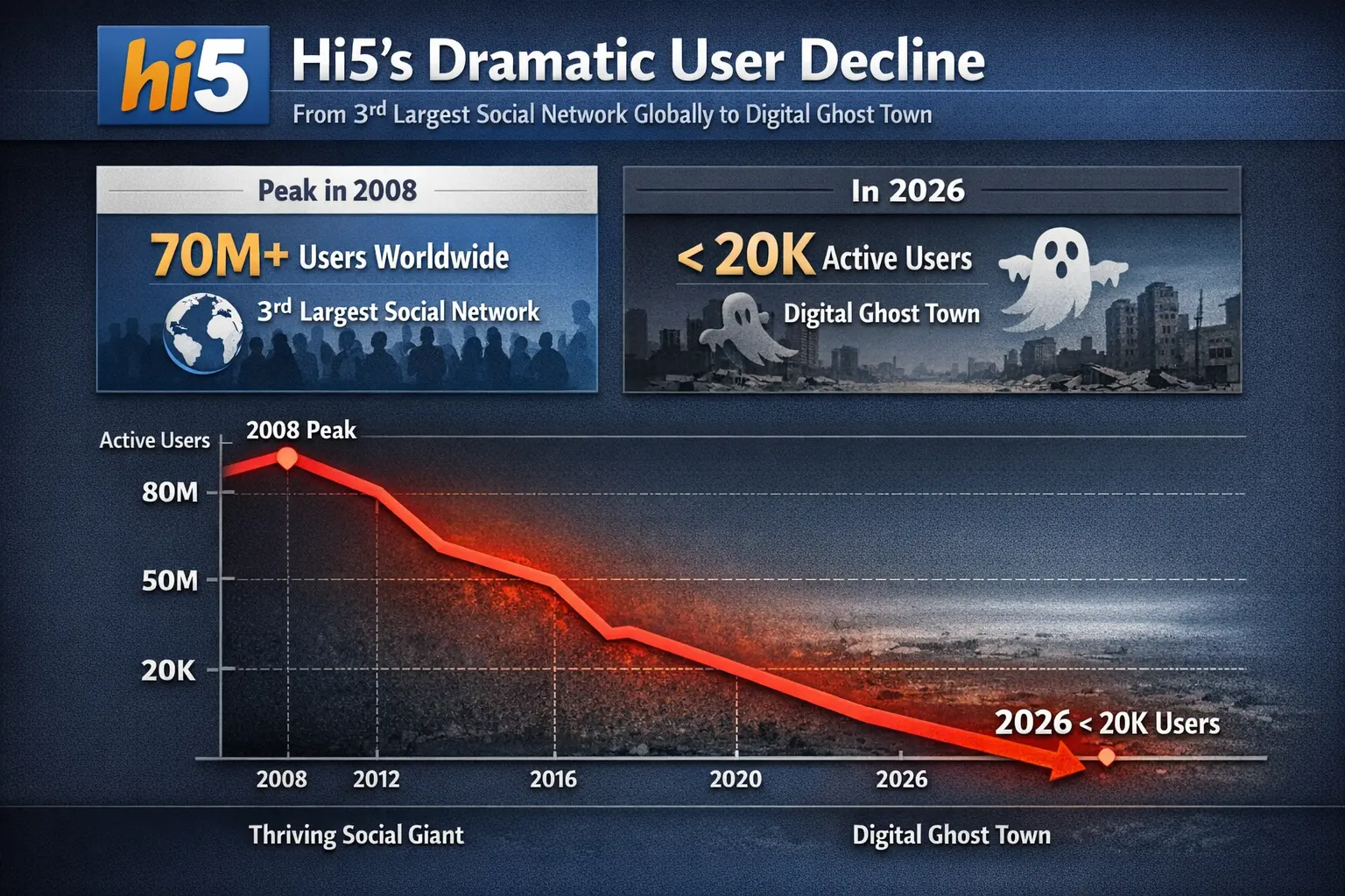 Hi5 user growth decline chart 2005-2026 showing dramatic collapse from 70M+ users to under 20K