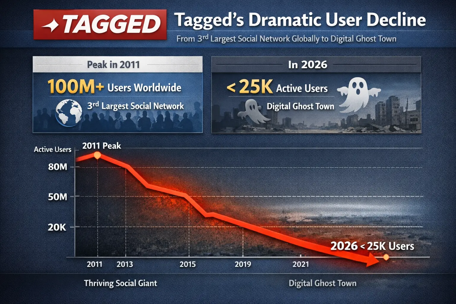 Tagged's dramatic user decline: From 3rd largest social network globally (100M+ users in 2011) to digital ghost town (<25K active users in 2026)